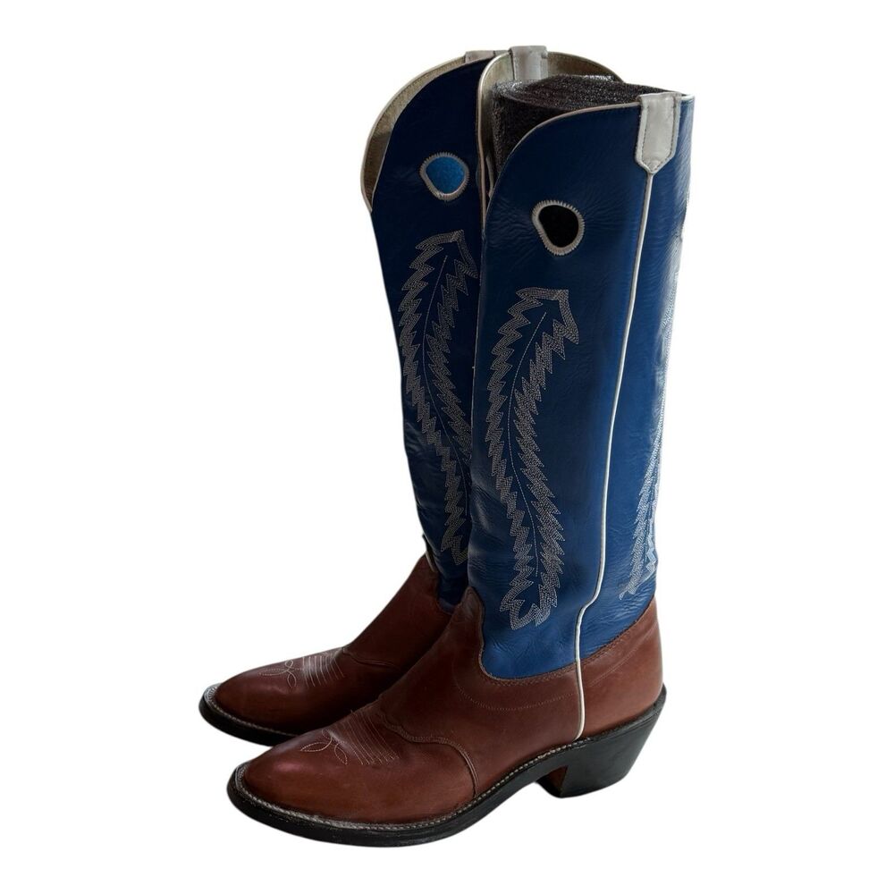 Cowboy Boots 16” Navy Volcano And Honey Leather Round Toe - Picture 2 of 6